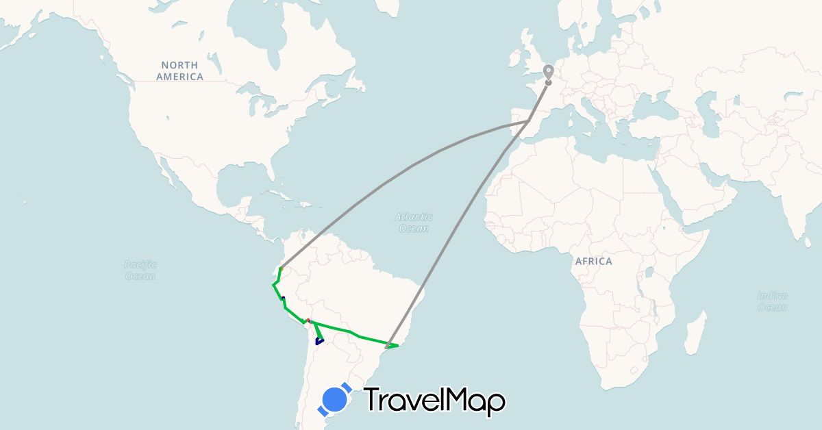 TravelMap itinerary: driving, bus, plane, hiking, boat, hitchhiking in Bolivia, Brazil, Ecuador, Spain, France, Peru (Europe, South America)